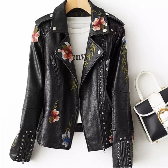 Modern Owl Jackets & Blazers - New! Black Embroidered Flowers With Stud Faux Leather Motorcycle Style Jacket